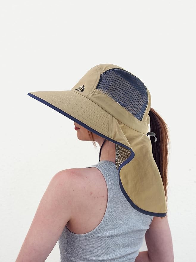 UV Sun Protection Hat Women Foldable Neck Flap Wide Brim Fishing Hat with Ponytail Hole for Women