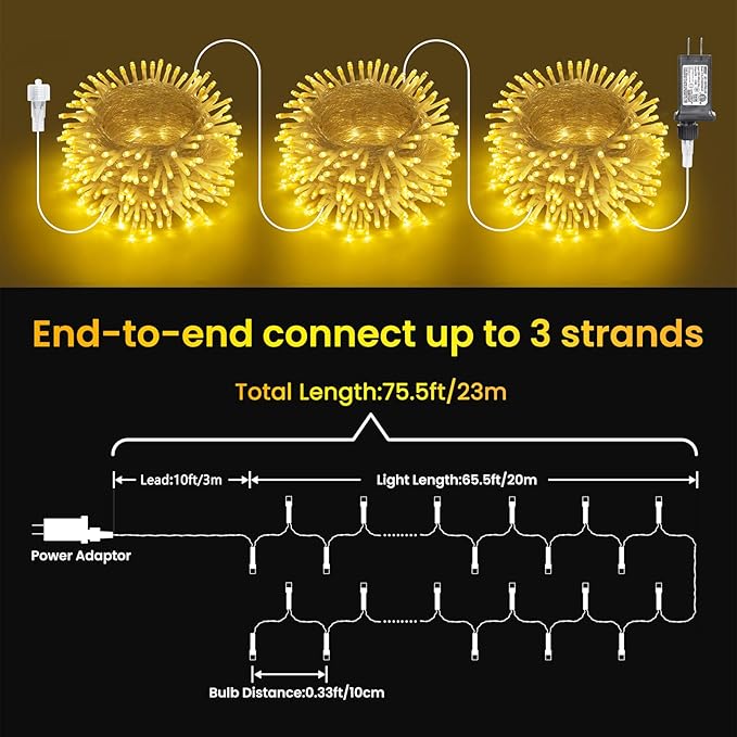 Christmas Lights Warm White, 75 Ft 200 LED Christmas String Lights Connectable, 8 Modes, Timer, Waterproof Fairy Twinkle Light for Party, Garden, Patio, Home, Wedings, Holiday, Xmas Tree Decorations