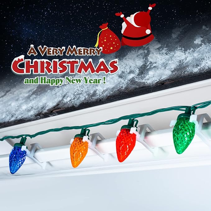 C9 LED Christmas Lights Outdoor, 68 Ft 100 LED String With All in One Clips, Commercial Grade Extendable Waterproof for House Outside Roofline Xmas Decor, Multicolor