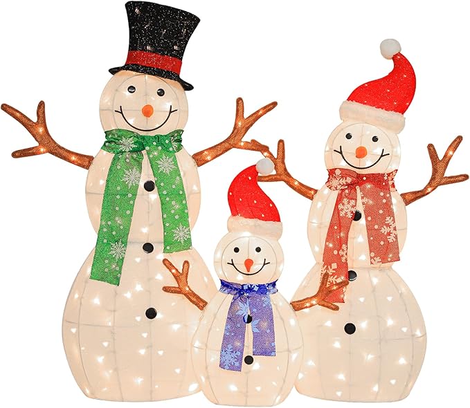 Hykolity 3.5 FT 3D Lighted Outdoor Snowman Family, Set of 3 Light Up Christmas Snowman with 180 Warm White LED Lights for Holiday Decoration, Ground Stakes, Zip Ties