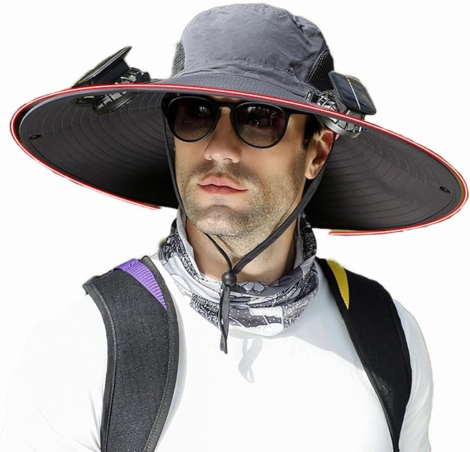 Men's Solar & USB Charging Wide Brim UPF50+ Sun Hat with Dual Fans for Outdoor Activities (Black, Medium)