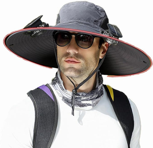 Men's Solar & USB Charging Wide Brim UPF50+ Sun Hat with Dual Fans for Outdoor Activities (Black, Medium)