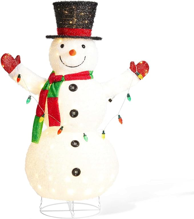 Glitzhome 4FT Lighted Christmas Snowman, 3D Foldable Fabric Outdoor Snowman Decor with Colorful Bulbs Holiday Lawn Ornament Yard Decoration Outdoor and Indoor use Long-Lasting, 160 Warm White LED