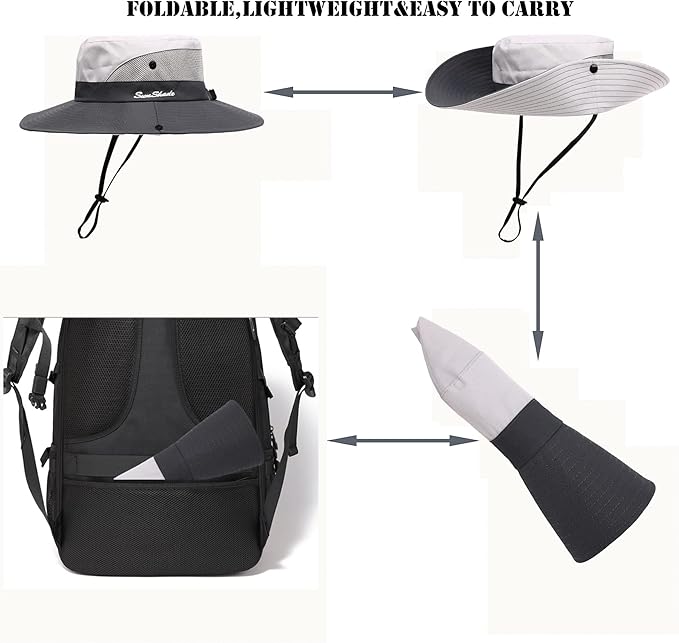 Womens Summer Sun Hat Beach Hat Wide Brim Outdoor UV Protection Hat Foldable Cool Mesh Ponytail Bucket Hat