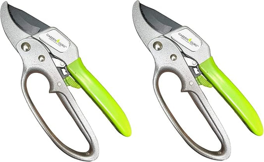 Garden Guru Ratchet Hand Pruning Shears - Professional Garden Clippers with Ergonomic Grip - Makes Tough Cuts Easy (2 Pack)