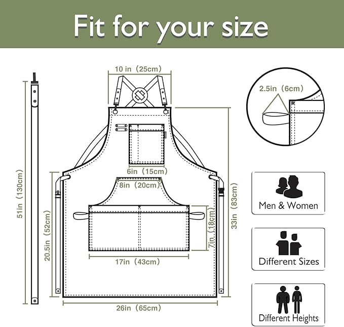 Kitchen Apron, Work Apron, Canvas, Multiple Pockets, Gardening, Painting, BBQ, Artist, Carpenter, Sizes M to XXL, Olive