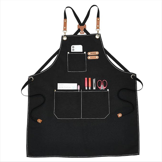 MEEDEN Painting Apron for Men Women: Adjustable Cross Back Waterproof Polyester Canvas Art Apron with 3 Pockets - Artist Apron for Acrylic Oil & Watercolor Painting, Gardening, Cooking - Black
