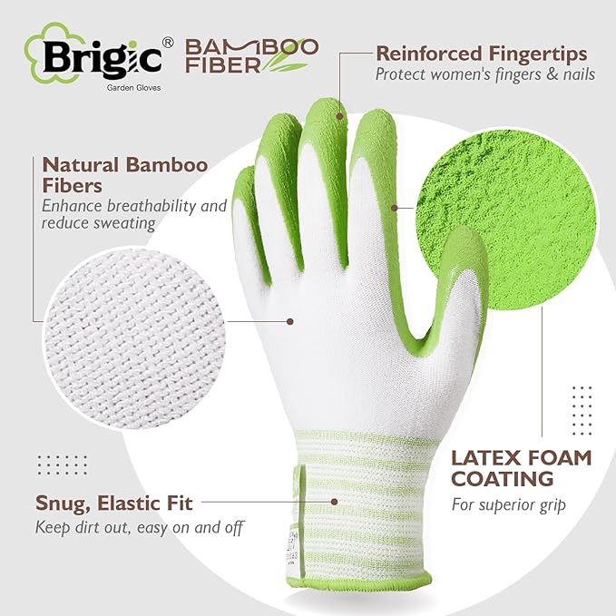 Gardening Gloves, Bamboo Fiber, Touch, Breathable, Rubber Coated, Green & Purple, S to XL