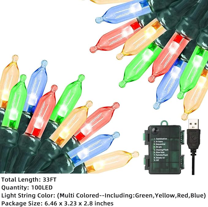 Christmas Lights 33ft 100 LED Battery String Lights with Timer Memory Function USB or Battery Powered Waterproof String Lights for Indoor Outdoor Decoration