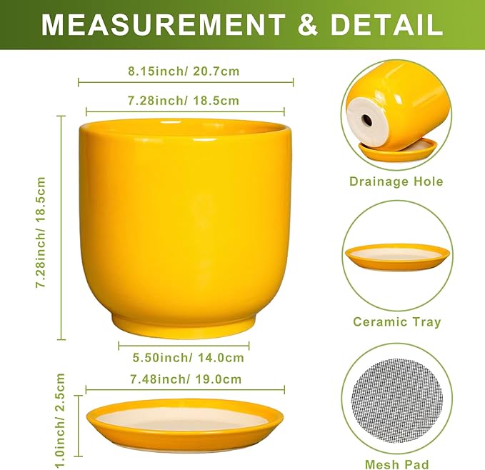 Ceramic Plant Pot 8 Inch - Decorative Modern Round Indoor Planter for Plants Flowers with Drainage Hole and Saucer, House Desk Office Home Decor, Yellow