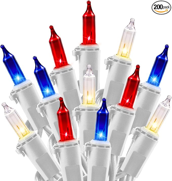 4th of July Decoration Patriotic Mini Lights - 200 Count 50 Feet Red White Blue Incandescent Bulb Waterproof String Lights Plug in for Indoor Outdoor Christmas Party Patio Independence Day Decoration