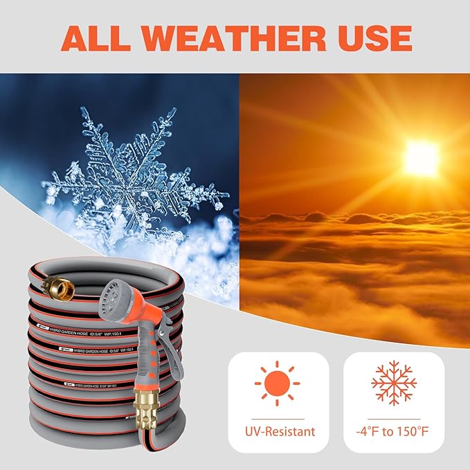 Garden Hose 50 ft 5/8,Rubber Water Hose Heavy Duty, Hybrid Durable Flexible Hose,Lightweight No Kink Hose for Outdoor Yard Lawn with Sprayer Nozzle and 3/4''Brass Solid Fittings