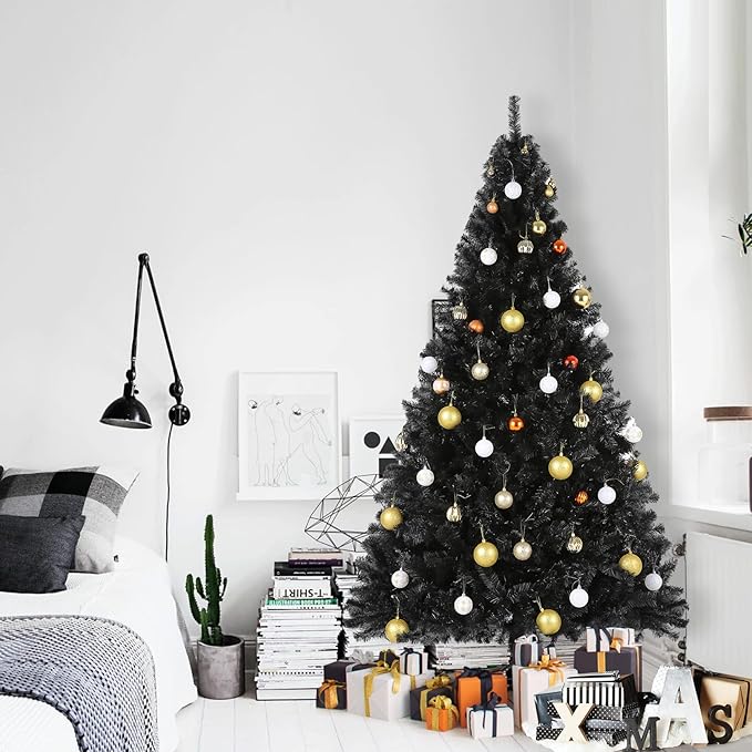 6FT Unlit Halloween Black Artificial Christmas Tree for Holiday Decoration, Premium Hinged Spruce Xmas Tree with 800 Branch Tips and Foldable Metal Stand for Home, Office, Party