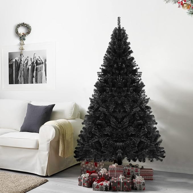 6FT Unlit Halloween Black Artificial Christmas Tree for Holiday Decoration, Premium Hinged Spruce Xmas Tree with 800 Branch Tips and Foldable Metal Stand for Home, Office, Party