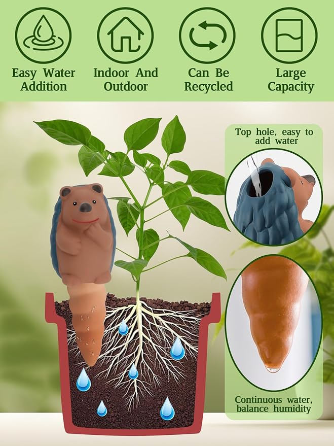 4Pcs Plant Watering Globes, Kalolary Hedgehog Shape Self Watering Spikes Terracotta Drip Water Stakes Irrigation Watering Bulbs for Pot, Indoor, Outdoor, Vacation