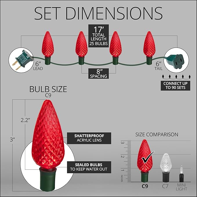 Wintergreen Lighting 25 Red C7 Christmas Lights, 17 Ft – Red LED String Lights for Outdoor Holiday Decor, Valentine's Day and Party Lighting
