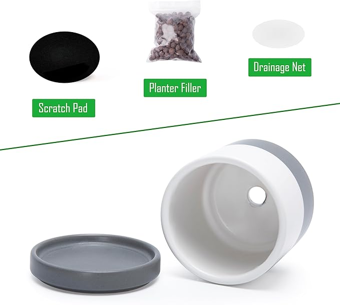 D'vine Dev Set of 3 Plants Pots, 3.5 Inch Ceramic Planter Pot for Plants with Drainage Hole and Saucer, White/Speckled Grey, 94-N-A-6