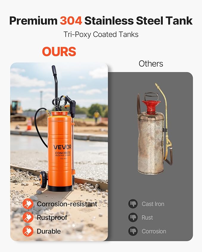 VEVOR Industrial Concrete Sprayer with Wheeled Cart, 5 Gallon Stainless Steel Sprayer, Heavy Duty Tri-Poxy Pump Sprayers, 20.5''Wand, 48" & 120" Hoses, 2 Brass Nozzles for Construction, Lawn & Garden