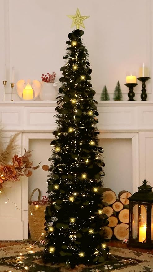 HMASYO 5 FT Pop Up Christmas Tree with Timer Lights, Black Christmas Tinsel Tree, Collapsible Artificial Pencil Christmas Tree for Indoor Home Apartment Porch Holiday Party Decorations