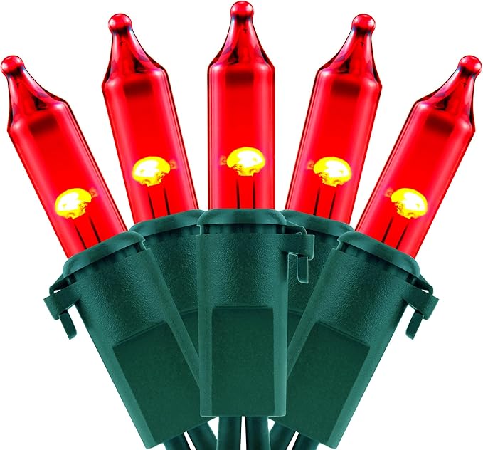 YULETIME 100 Count Red Christmas Lights, 33 Feet Green Wire UL Certified Incandescent-Like LED Mini String Lights