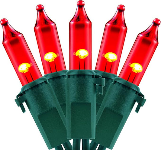 YULETIME 100 Count Red Christmas Lights, 33 Feet Green Wire UL Certified Incandescent-Like LED Mini String Lights