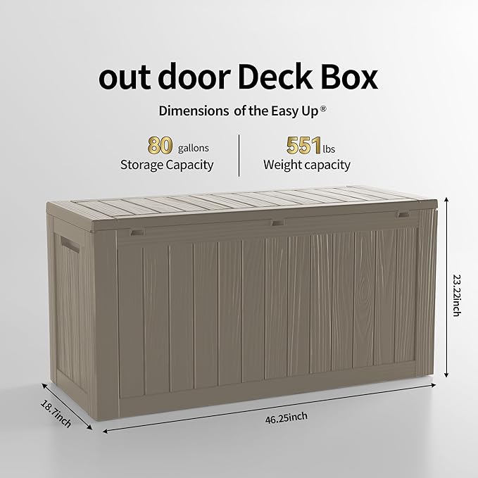 TARKARI 80 Gallon Lockable Resin Deck Box, Waterproof & UV-Resistant Outdoor Storage Box for Outdoor Cushion Storage, Garden Tools & Pool Accessories Storage, Gray