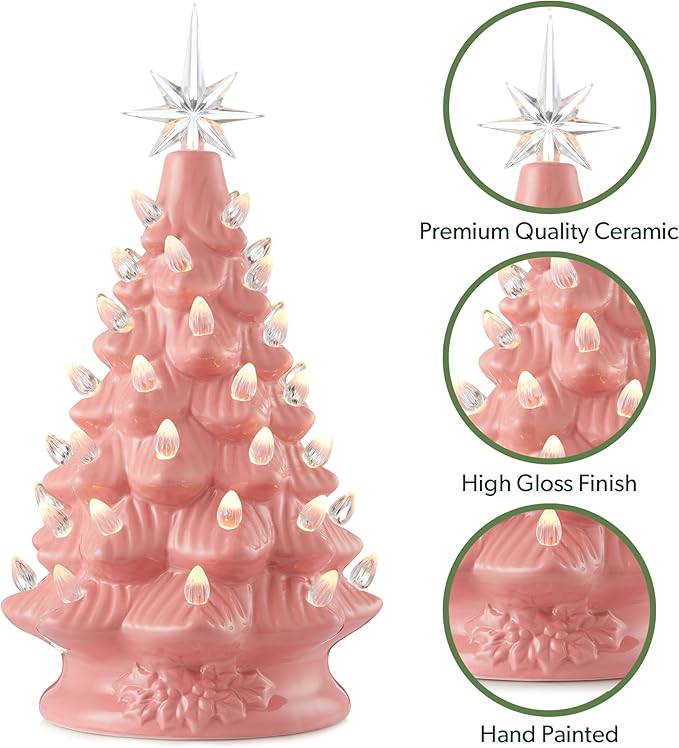 Casafield Hand Painted Ceramic Christmas Tree, Pink 12-Inch Pre-Lit Tree with 100 Multi Color Lights and 2 Star Toppers