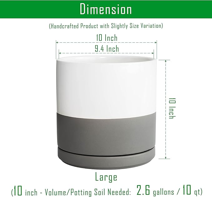D'vine Dev 10 Inch Ceramic Planter Pot with Drainage Hole and Saucer, Indoor Cylinder Round Planter Pot, White/Speckled Grey, 94-O-E-6