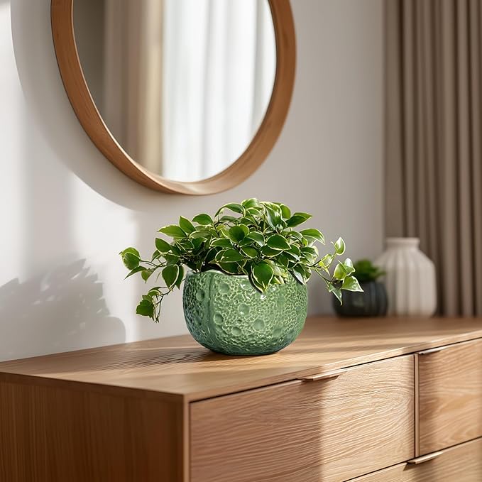 6 Inch Plant Pot - Orchid Pot with Drainage Hole, Ceramic Planter for Indoor Outdoor, Decorative Plant Pots, Modern Round Unique Flower Pots, Living Room Decor, Gifts for Women Men, Green