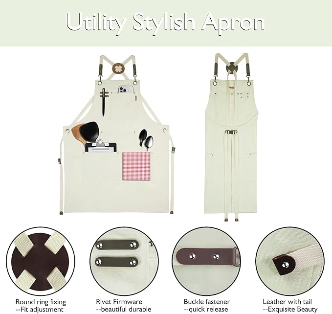 Kitchen Apron, Work Apron, Canvas, Multiple Pockets, Gardening, Painting, BBQ, Artist, Carpenter, Sizes M to XXL, White