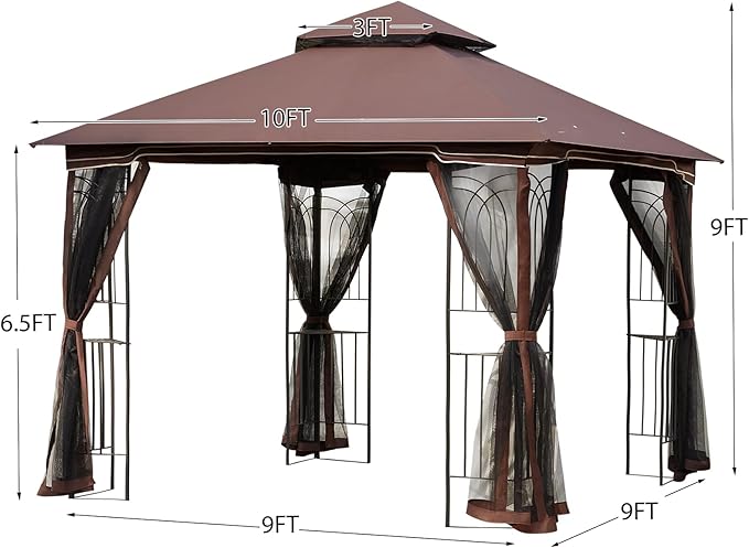 ECOTOUGE Outdoor Gazebo 10'x10', Heavy Duty Canopy Tent with Soft Double Roofs & Metal Corner Frame Shelves, Party Tent Shelter with Mosquito Netting for Patio, Deck, Backyard, Brown