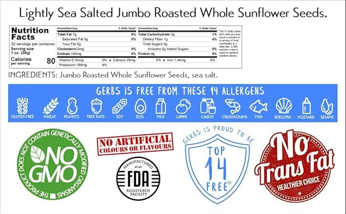 Jumbo Lightly Sea Salted Sunflower Seeds by Gerbs - 2 LBS. - Top 14 Food Allergen Free & Non GMO - Vegan, Keto Safe, Kosher - Grown in USA