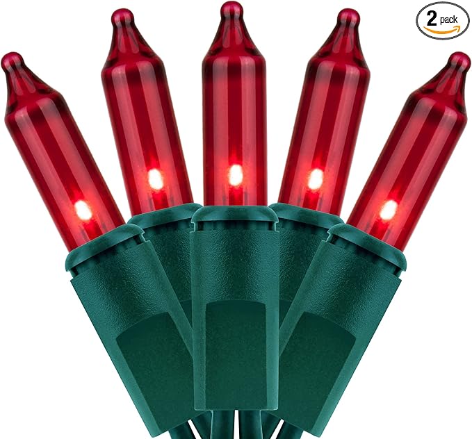 YULETIME 200 Red Christmas Lights, Pack of 2 Strands of 21 ft 100 Count UL Certified Incandescent Mini String Light (Red - Green Wire)