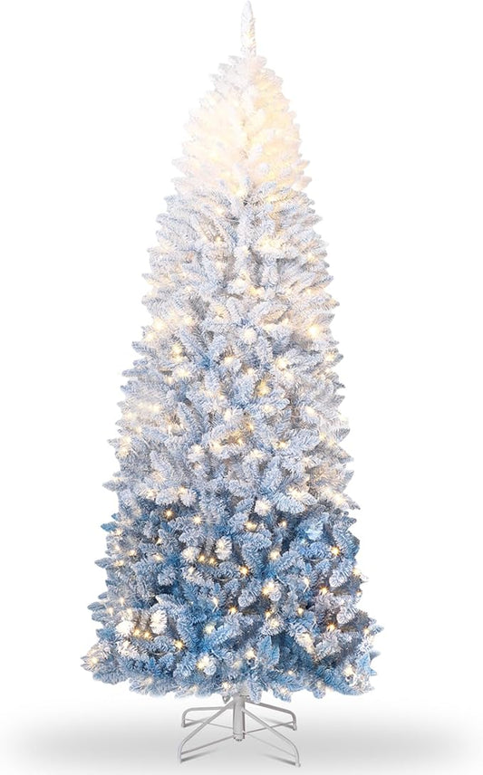 GarveeHome 6ft Prelit Artificial Christmas Tree with RGB & Warm White Lights, Pre-Lit Snow Flocked Pencil Christmas Tree, Foldable Base,Holiday Decoration for Home, Office, Party,Blue Gradient