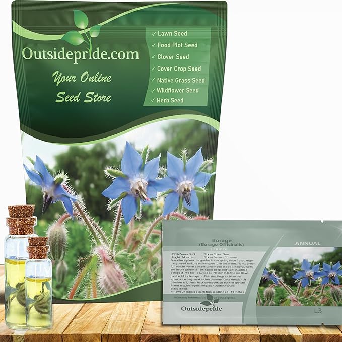 Outsidepride Blue Borage Seeds for Planting – 1 oz. Annual, Drought-Tolerant Herb Seeds with Star-Shaped Blooms, Attracts Bees for Pollinator Gardens, Summer Teas, Decoration & Culinary Use