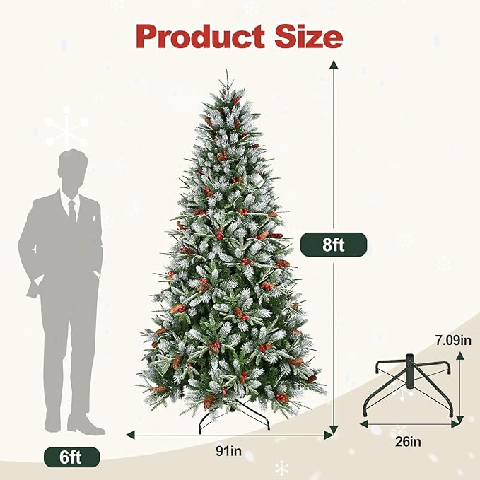 8 Ft Artificial Christmas Tree Pre-Decorated with Snow Flocked PVC&PE Tips, Pine Cones, Red Berries, Unlit Xmas Tree with Metal Stand for Hoilday Office Outdoor Christmas Decoration(Green White)