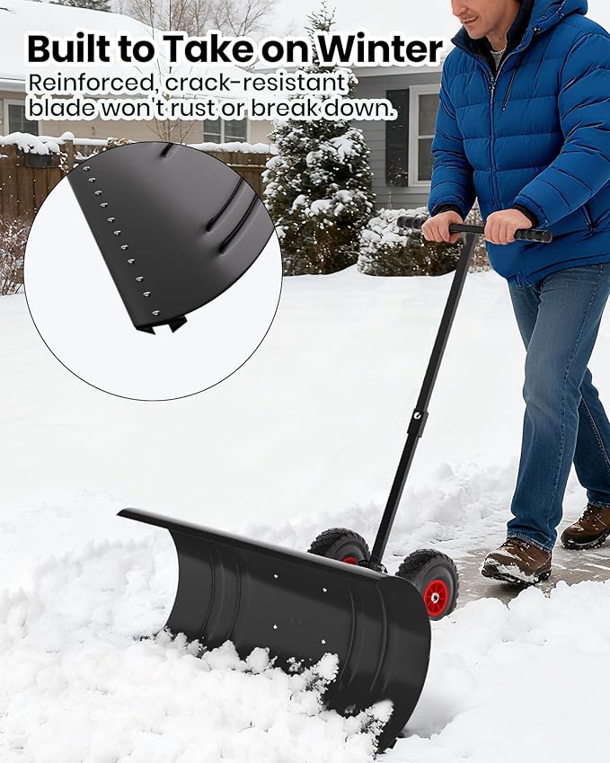 36" Snow Pusher Shovel with Wheels, Adjustable Ergonomic T-Handle Snow Plow for Driveway, Heavy Duty Wheeled Rolling Shovels for Driveway and Sidewalks with Angeled Blade