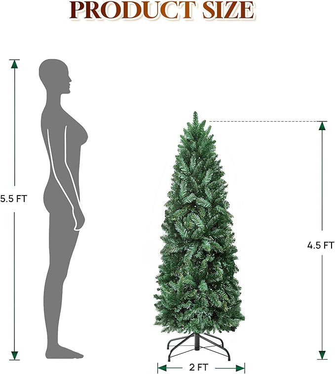 HOLLO STAR 4.5 ft Prelit Christmas Tree with 148 LED Lights, App Control, Artificial Pencil Christmas Tree with Multi-Color RGBW Lights, 330 Branch Tips, Skinny Xmas Tree, Metal Base, for Home, Party