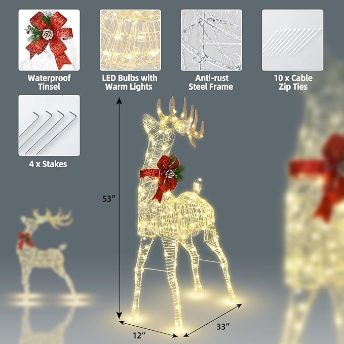 Tangkula 2 Pieces Christmas Lighted Reindeer Set, Outdoor Yard Xmas Decorations with 170 LED Lights, Artificial Christmas Deer with Ground Stakes, Indoor/Outdoor Festive Holiday Decoration