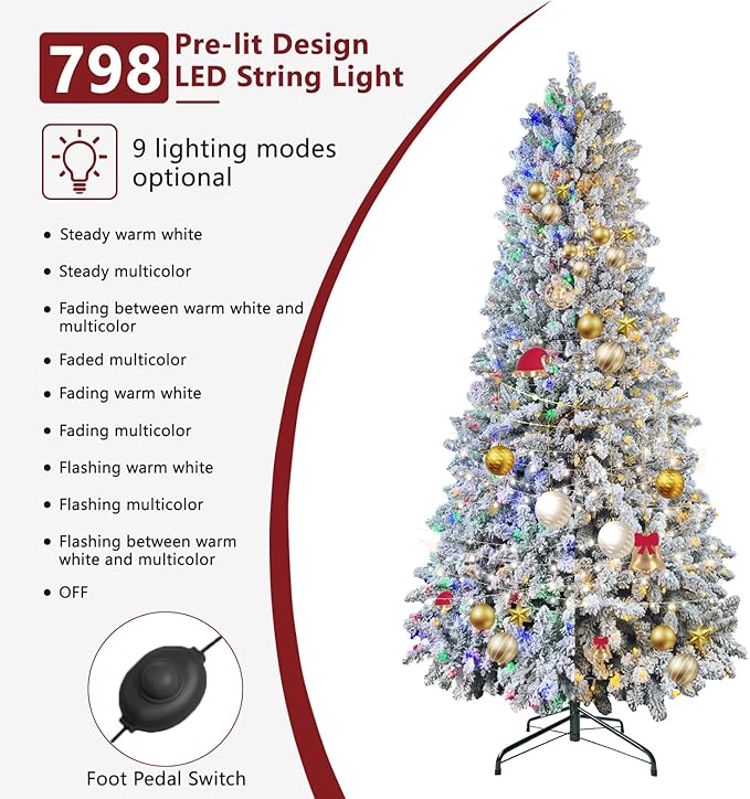 7.5ft Snow Flocked Christmas Tree Pre-lit with 798 Warm & Multi-Color Automatic Lights Christmas Tree with 1869 PVC Branch Tips Xmas Tree for Holiday Home Decor