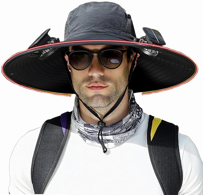 Men's Solar & USB Charging Wide Brim UPF50+ Sun Hat with Dual Fans for Outdoor Activities (Black, Medium)