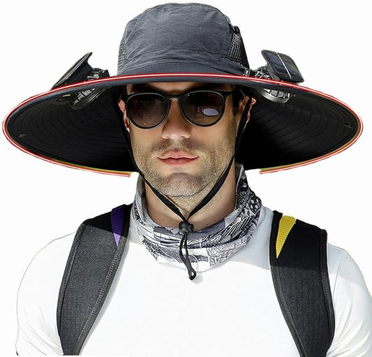 Men's Solar & USB Charging Wide Brim UPF50+ Sun Hat with Dual Fans for Outdoor Activities (Black, Medium)