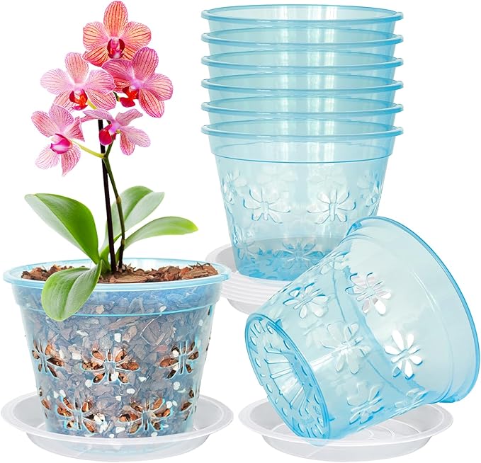 Orchid Pot, 8 Pack Orchid Pots with Holes & Saucers, Clear Plastic Pot for Repotting, Breathable Ventilation Planters for Phalaenopsis, Dendrobium & Oncidium Orchids(5 inch, Blue)