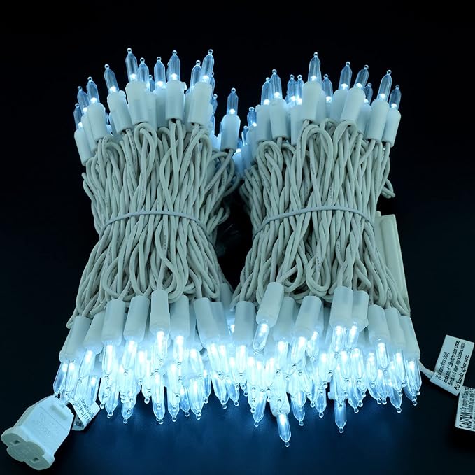 YULETIME 200 Cool White LED Christmas Lights, 66 Feet White Wire UL Certified Commercial Grade Holiday String Light Set