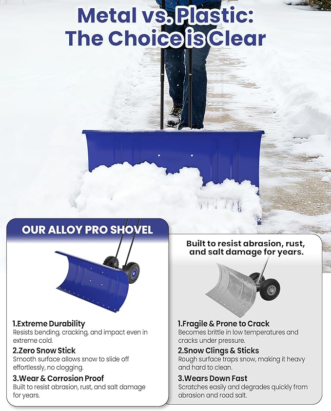 29" Snow Pusher Shovel with Wheels, Adjustable Ergonomic T-Handle Snow Plow for Driveway, Heavy Duty Wheeled Rolling Shovels for Driveway and Sidewalks with Angeled Blade