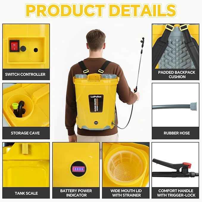 5.3Gal Battery Powered Backpack Sprayer Compatible with DeWalt 20V Battery, Electric Backpack Sprayer with 4 Nozzles, 0-100 PSI Adjustable Pressure for Weeding, Spraying & Cleaning