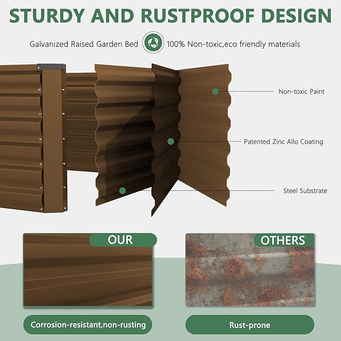 FOOWIN 4pcs 6x3x2ft Galvanized Raised Garden Bed, Planter Raised Garden Boxes Outdoor, Large Metal Raised Beds for Gardening, Garden Bed for Vegetables, Flowers, Herb,269 Gallon Capacity, Brown