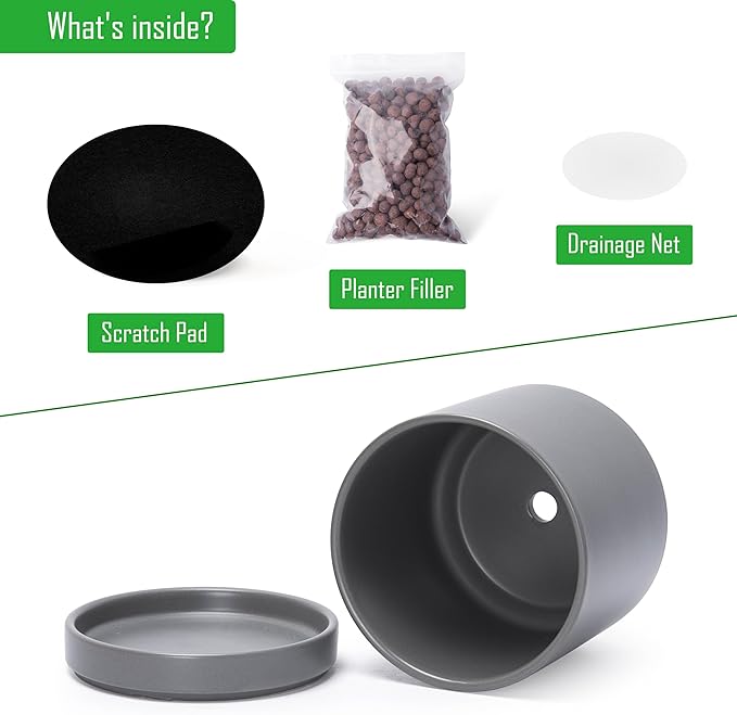 D'vine Dev 4.7 Inch & 6.5 Inch Ceramic Planter Pots for Plants with Drainage Hole and Saucer, Small Plant Pots Set, Speckled Grey, 94-G-S-3