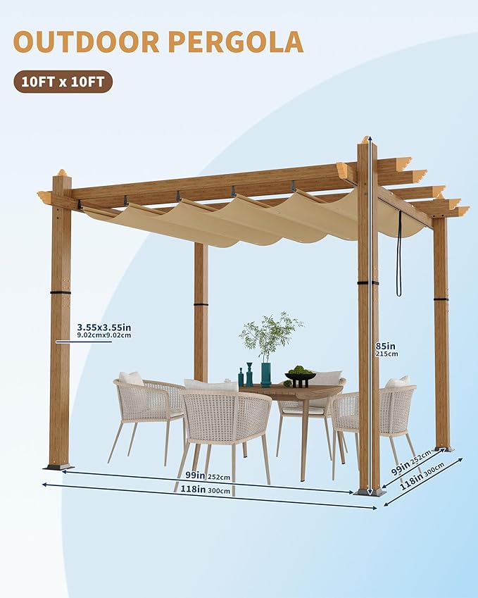 Garvee 10x10 Ft Aluminum Pergola Outdoor Gazebo with Retractable Canopy Imitation Wood-Grain Sun Shade Shelter for Garden Patio Backyard Deck(Khaki)