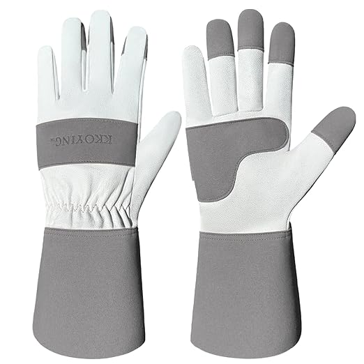 Gardening Gloves, Long Thorn Proof Garden Gloves for Women and Men, Goatskin Breathable Leather Work Gloves for Gardening, Pruning, Yard Work, Grey, S